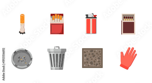 Flat design cigarette waste and cleanup icons set