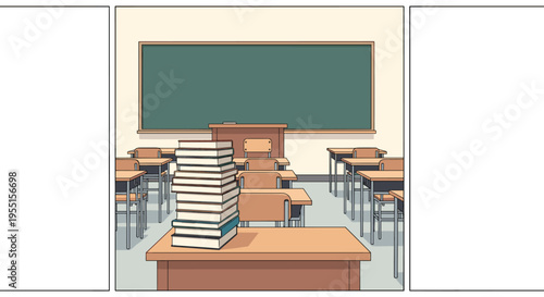 Classroom with blackboard and books in empty school room scene