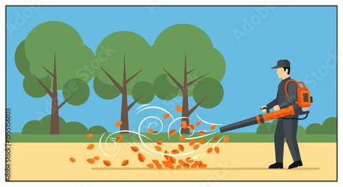 Autumn landscape with worker using leaf blower in flat style