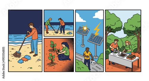 Eco-friendly activities: beach cleanup tree planting solar panels and