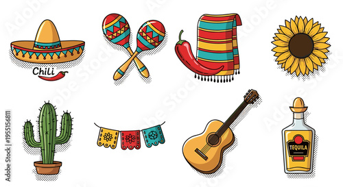 Playful mexican culture elements: sombrero maracas cactus tequila in