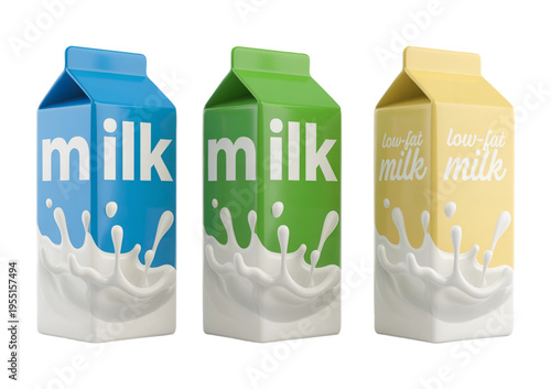 3D Rendered Milk Carton Packaging Mockup Set with Splash Design