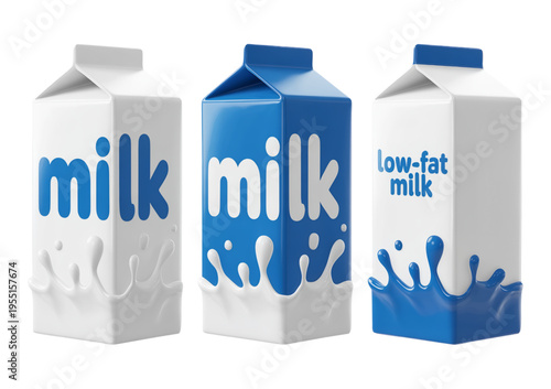 3D Realistic Milk Carton Packaging Mockup Set with Dynamic Liquid Splashes and Blue Low-Fat Dairy Branding