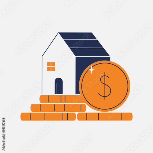 housing affordability icon. Ladder of gold coins to the house. Bank building with money. Financial vector illustration