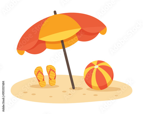 Beach umbrella, ball and flip flops on the sand. Summer illustration.