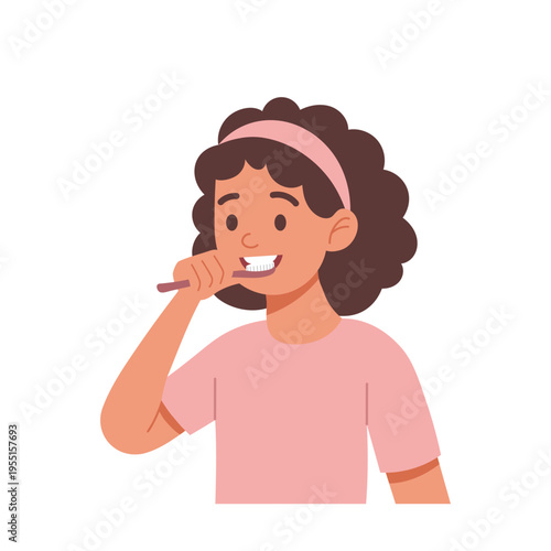 Girl brushing her teeth. Personal hygiene. Daily routine. Illustration.