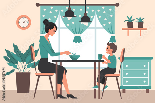 Mother feeding child. Mother and son having breakfast together at home.