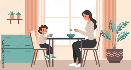 Mother and son sitting at the table and having breakfast. Illustration.