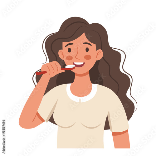 Woman brushing her teeth. Personal hygiene. Daily routine. Illustration.