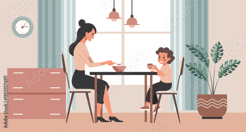 Mother and son sitting at the table and having breakfast. Illustration.