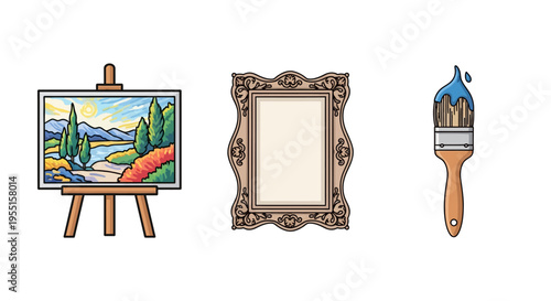Art tools and decor elements in colorful cartoon style for creative sp