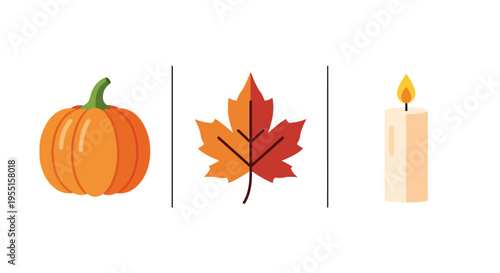 Autumn elements: pumpkin leaf and candle in minimalist design