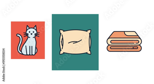 Cozy comfort trio: cute cat plush pillow and warm blanket icons
