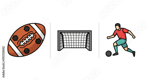Football elements in cartoon style: ball goal and player action