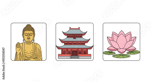 Iconic symbols of buddhism: buddha pagoda and lotus blossom in flat de