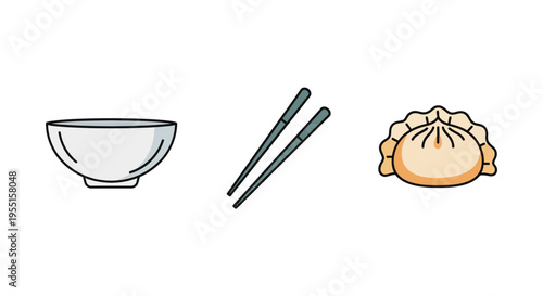 Dumpling delight: minimalist icons of bowl chopsticks and dumpling