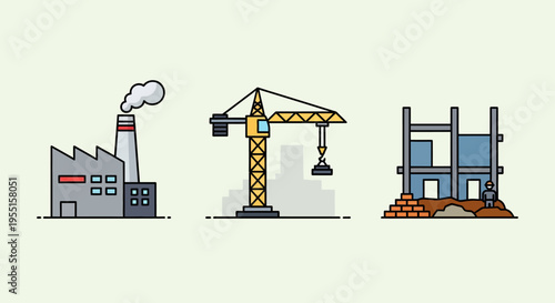 Construction and industry icons: factory crane building