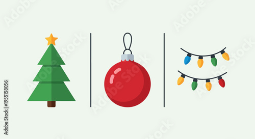 Minimalist festive icon set with christmas tree ornament and string li