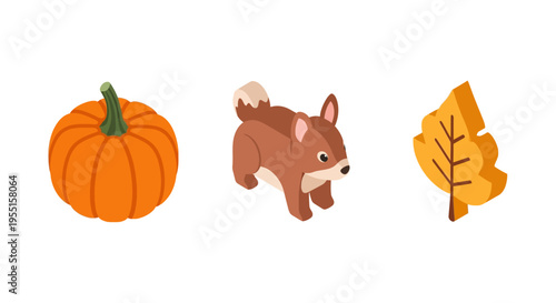 Autumn isometric icons: pumpkin squirrel and leaf illustration