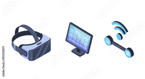 Modern isometric technology icons featuring vr headset monitor and wir