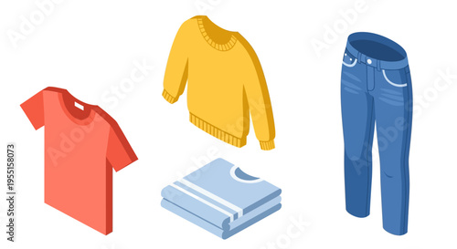 Isometric clothing set with t-shirt sweater folded clothes and jeans o