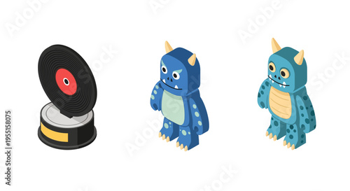 Charming isometric monsters and vinyl record design