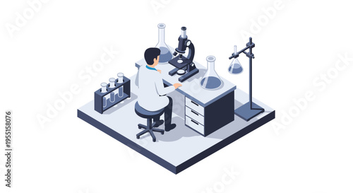 Scientist in laboratory conducting research with microscope in isometr