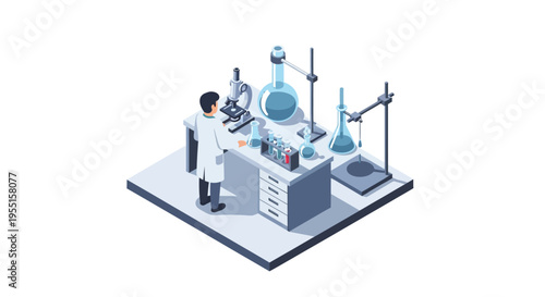 Isometric laboratory with scientist conducting experiments in modern s