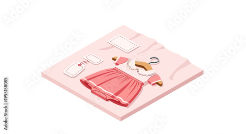 Isometric doll dress card with matching pink outfit and accessories
