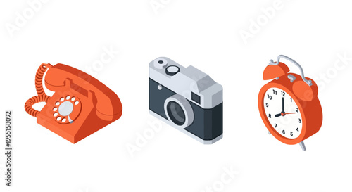 Retro isometric icons of rotary phone camera and alarm clock on white
