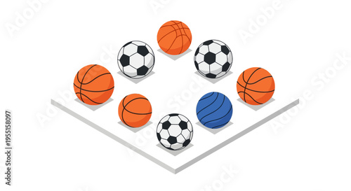 Isometric sports balls arrangement on display platform