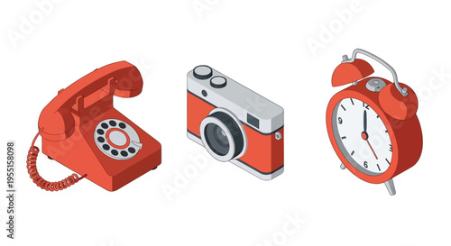 Retro isometric technology set: classic phone camera alarm clock