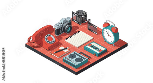 Isometric vintage items: camera cassette and more on red tiled surface