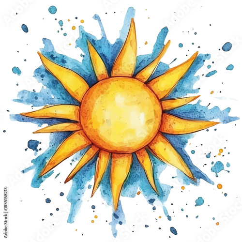 watercolor draw of Summer Sky With Sun, isolated on a white background.