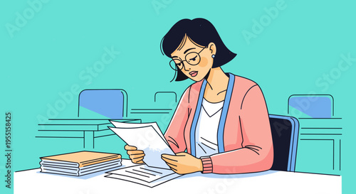 Teacher reviewing homework papers at desk, education assessment illustration
