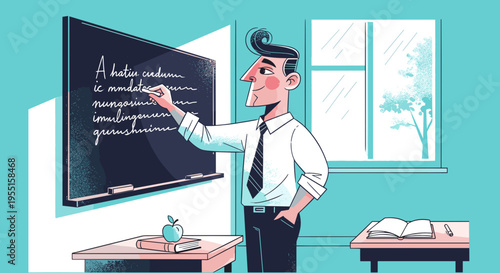 Teacher writing on chalkboard in classroom, education lesson illustration