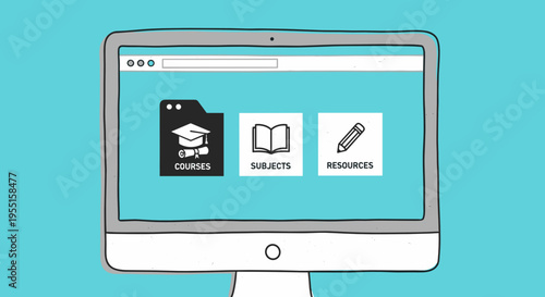 Computer with course, subject and resources tabs, e-learning interface