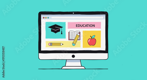 Computer with education icons on screen, e-learning interface illustration