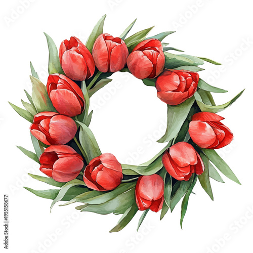 Spring Tulip Floral Wreath, serene watercolor vector artwork with smooth washes of color and refined textures, isolated on a white background.