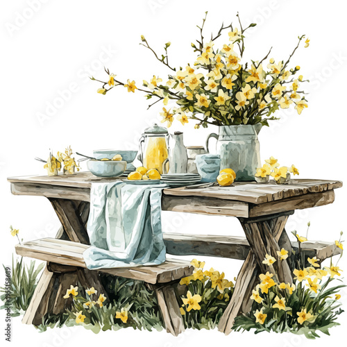 Spring Table Setting Decor, serene watercolor vector artwork with smooth washes of color and refined textures, isolated on a white background.