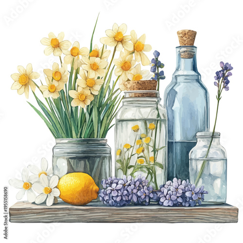 Spring Table Setting Decor, elegant watercolor vector illustration with flowing lines and gentle color transitions, isolated on a white background.