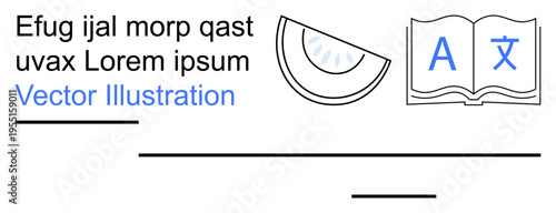 Language learning, translation tools, education, knowledge, cultural studies, fruit symbolism. Open book with letters, text and fruit slice. Language learning and translation tools
