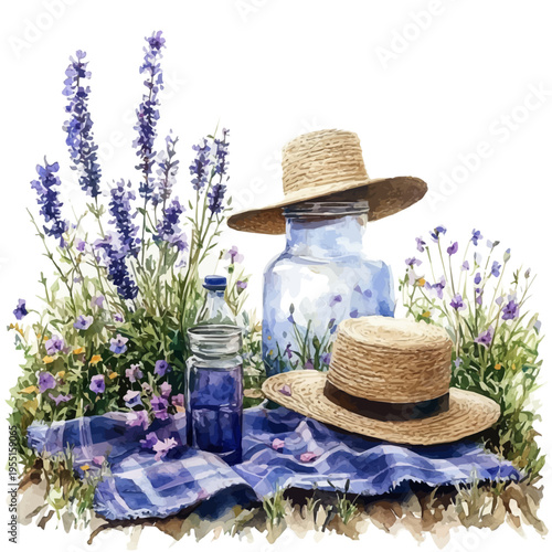 Spring Picnic Floral Setup, serene watercolor vector artwork with smooth washes of color and refined textures, isolated on a white background.