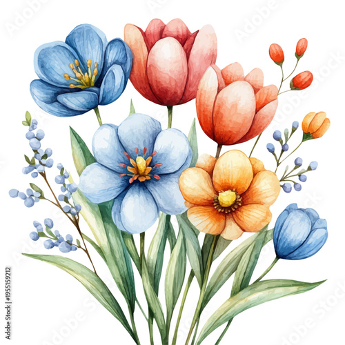 Spring Flowers Bouquet, lively watercolor vector drawing with intricate brush, isolated on a white background.