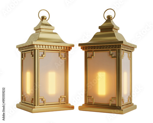 Ornate Gold Lantern 3D Model with Realistic Emissive Light and Traditional Geometric Fretwork