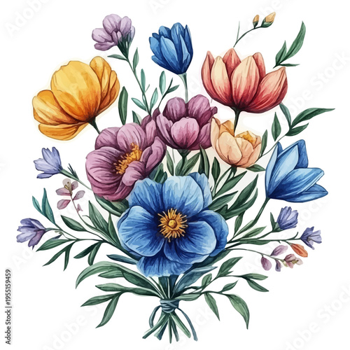 Spring Equinox Floral Celebration, serene watercolor vector artwork with smooth washes of color and refined textures, isolated on a white background.
