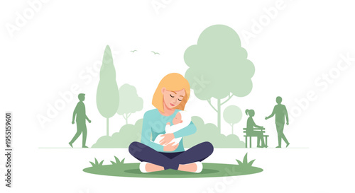 Mother cradling newborn in park with people strolling and trees in background