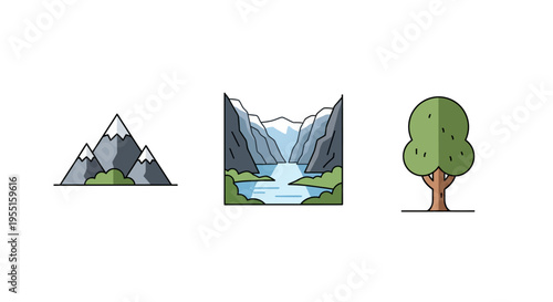 Minimalist landscape concepts featuring mountains, river valley, and tree icons