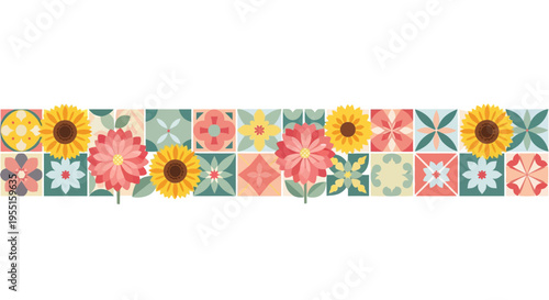 Colorful floral patchwork with geometric ornament and sunflower blooms