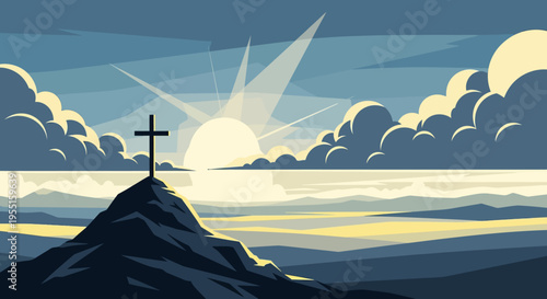 Dramatic sunrise landscape with cross on hilltop and radiant clouds